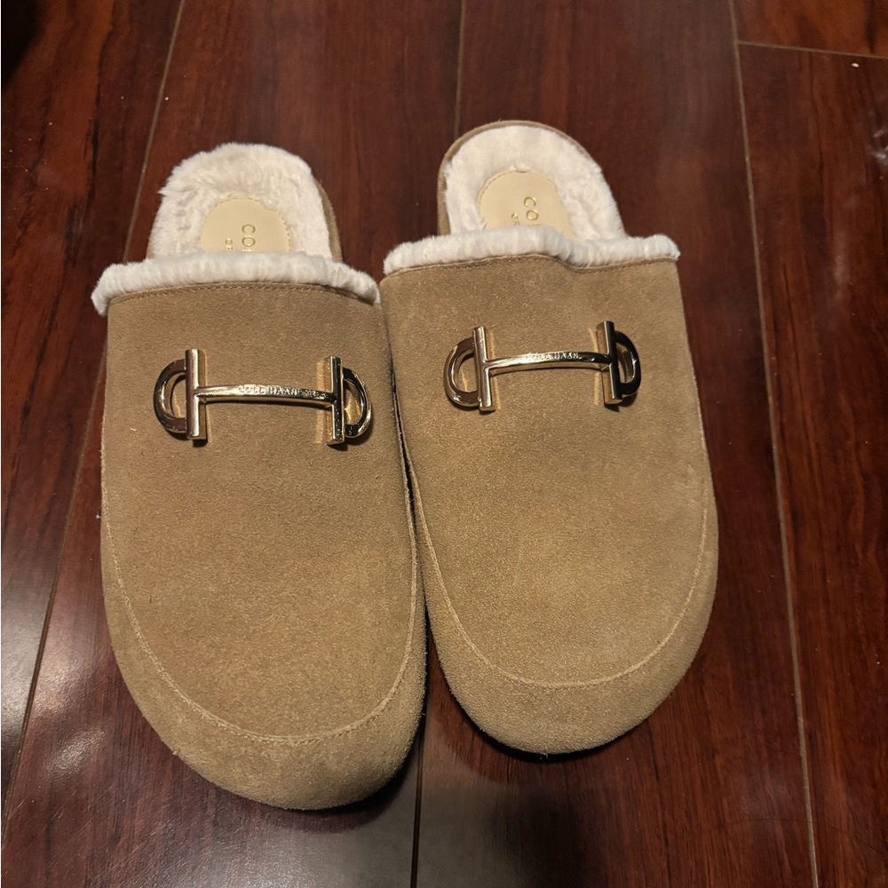 Cole Haan Tan Suede Mules with Gold Accent